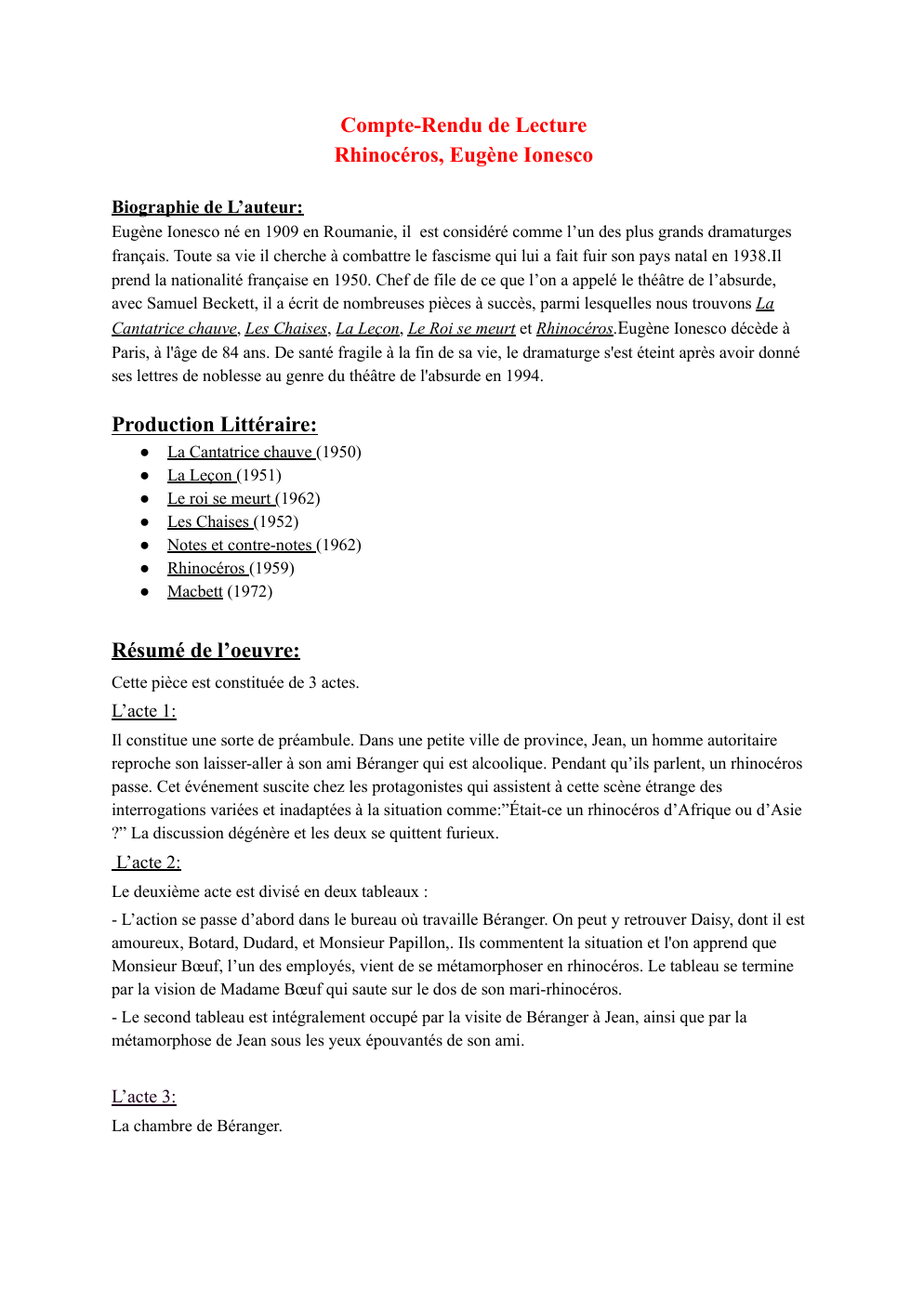 Prévisualisation du document Compte-Rendu de lecture sur Rhinocéros de Ionesco