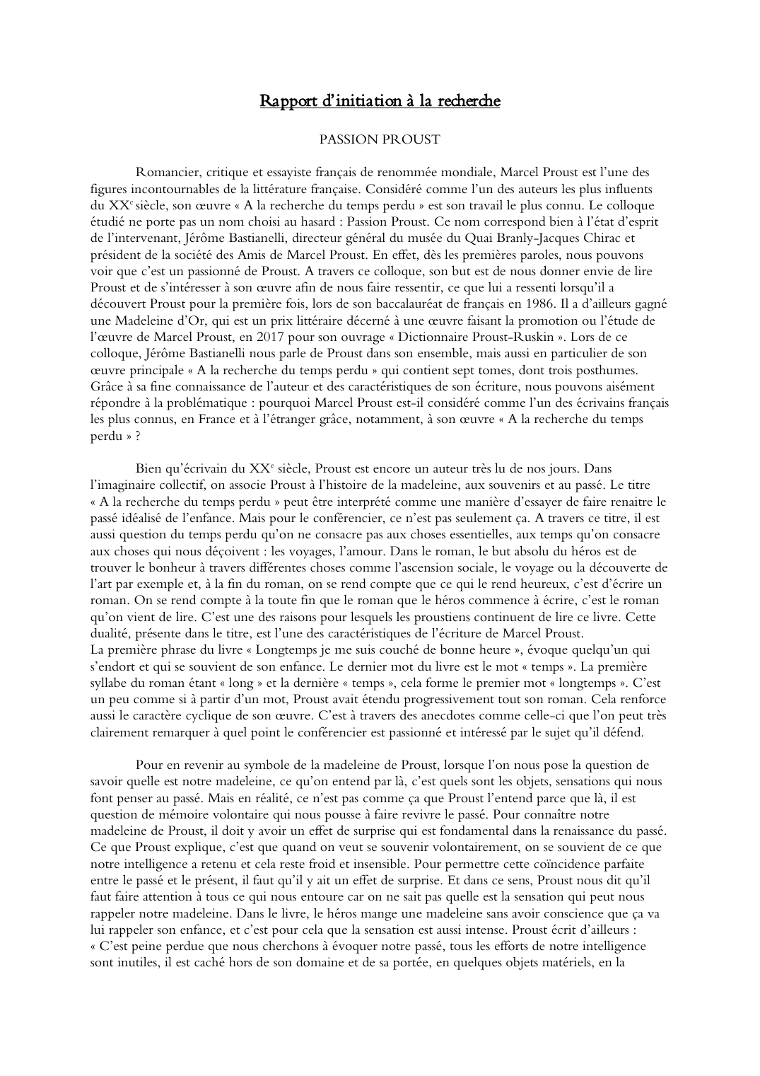 Prévisualisation du document Compte rendu d'une conférence sur Marcel Proust: Rapport d’initiation à la recherche -  PASSION PROUST