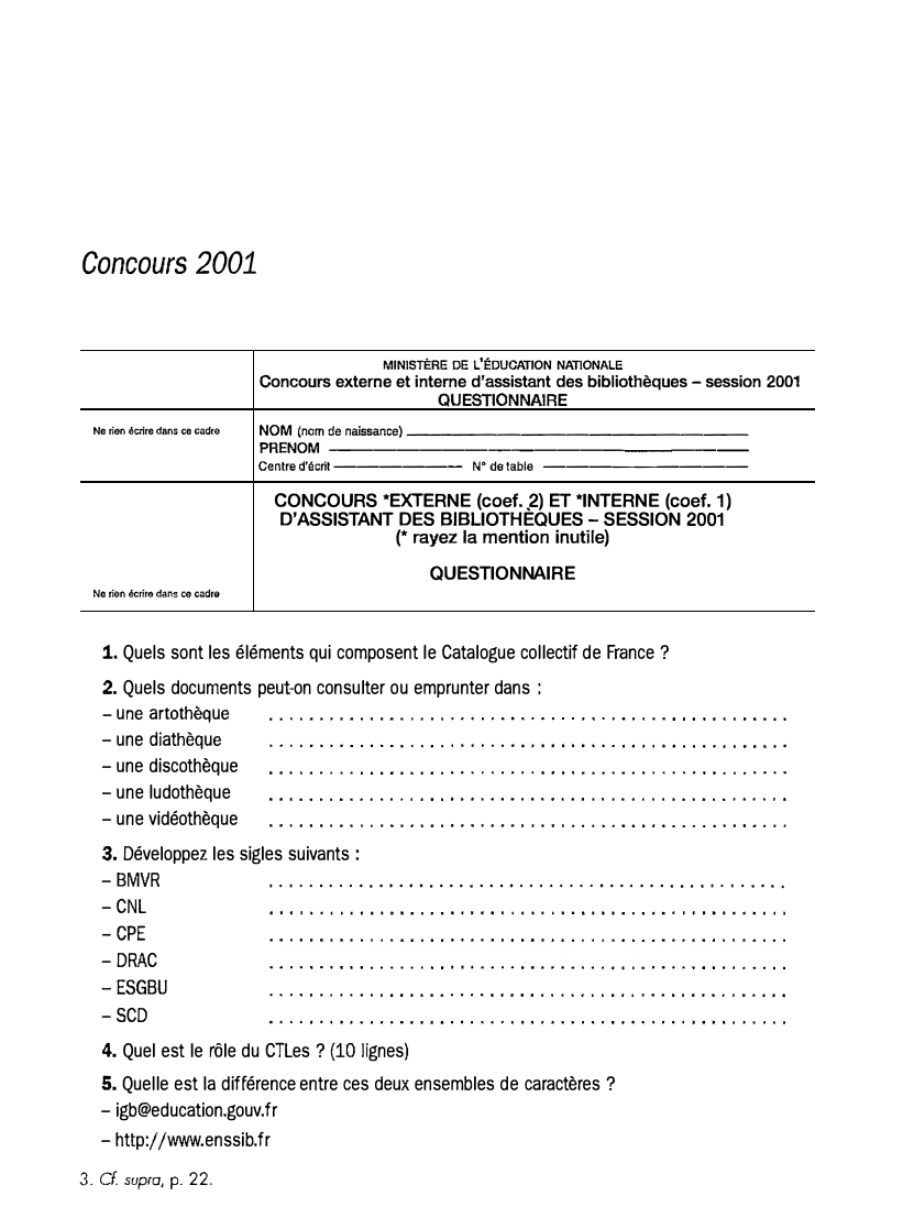Prévisualisation du document Concours 2001 -  Assistant bibliothécaire - Médiations numériques et culturelles