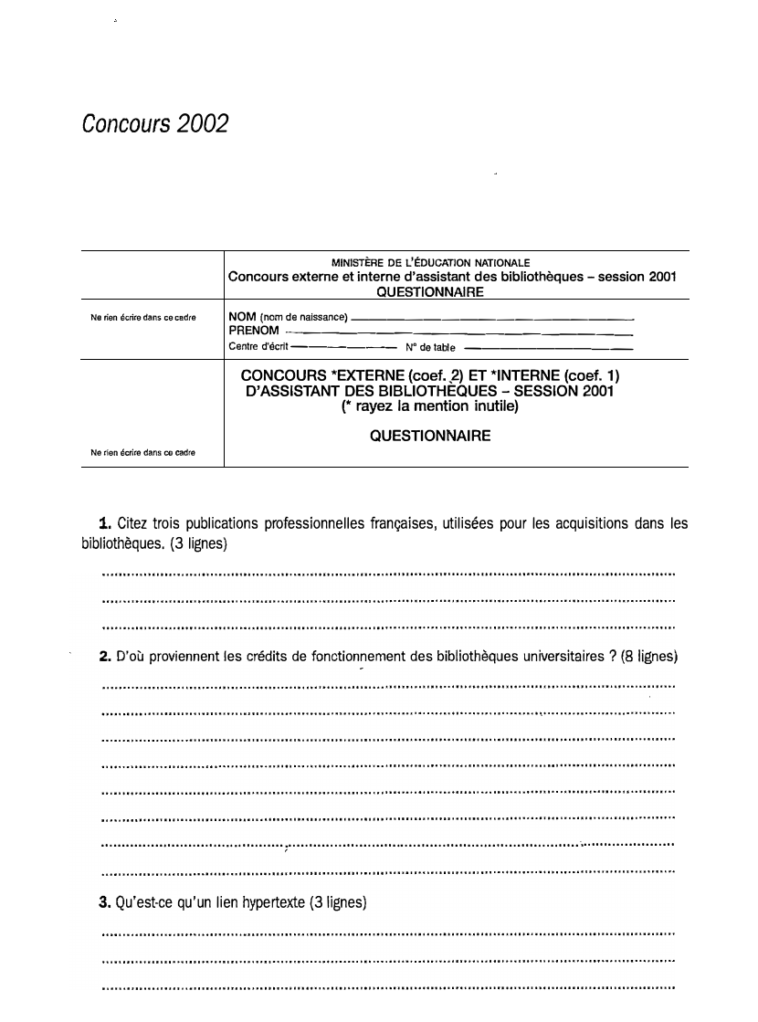 Prévisualisation du document Concours 2002 -  Assistant bibliothécaire - Médiations numériques et culturelles
