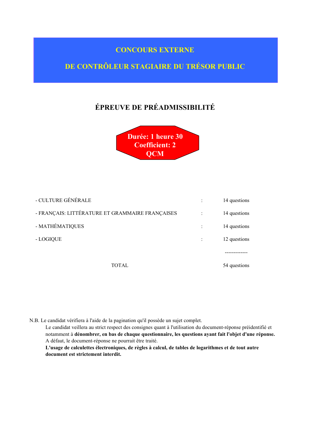 Prévisualisation du document CONCOURS EXTERNE DE CONTRÔLEUR STAGIAIRE DU TRÉSOR PUBLIC ÉPREUVE DE PRÉADMISSIBILITÉ