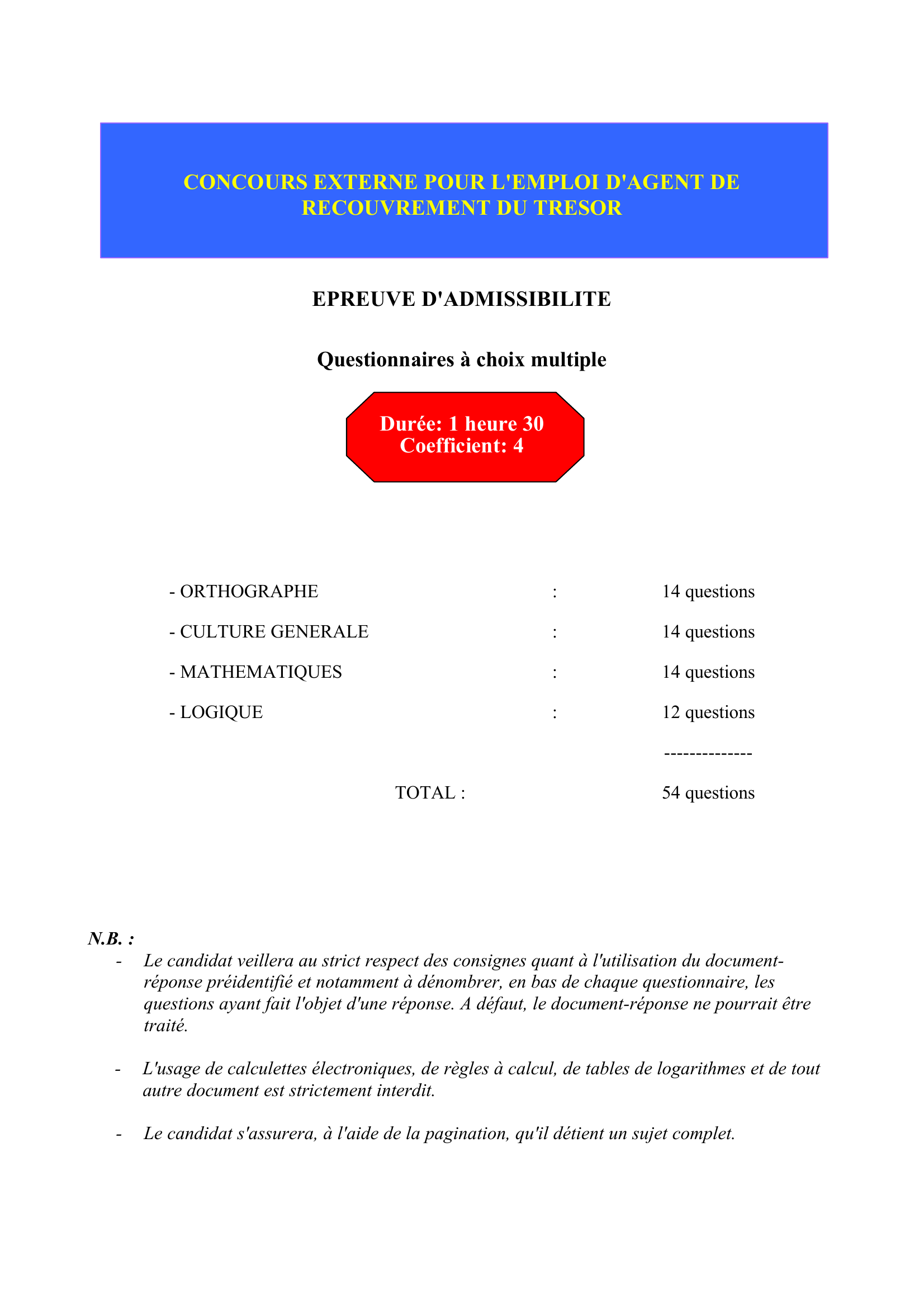 Prévisualisation du document CONCOURS EXTERNE POUR L'EMPLOI D'AGENT DE
RECOUVREMENT DU TRESOR
