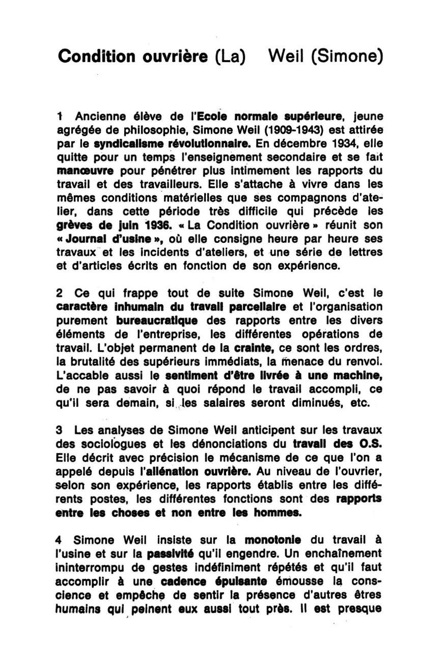 Prévisualisation du document CONDITION OUVRIÈRE (LA), 1951.  Simone Weil (résumé)
