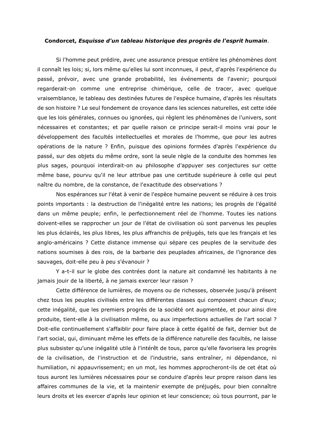 Prévisualisation du document Condorcet, Esquisse d'un tableau historique des progrès de l'esprit humain. Commentaire