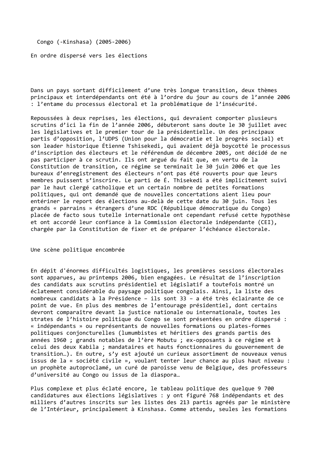Prévisualisation du document Congo (-Kinshasa) (2005-2006)

En ordre dispersé vers les élections