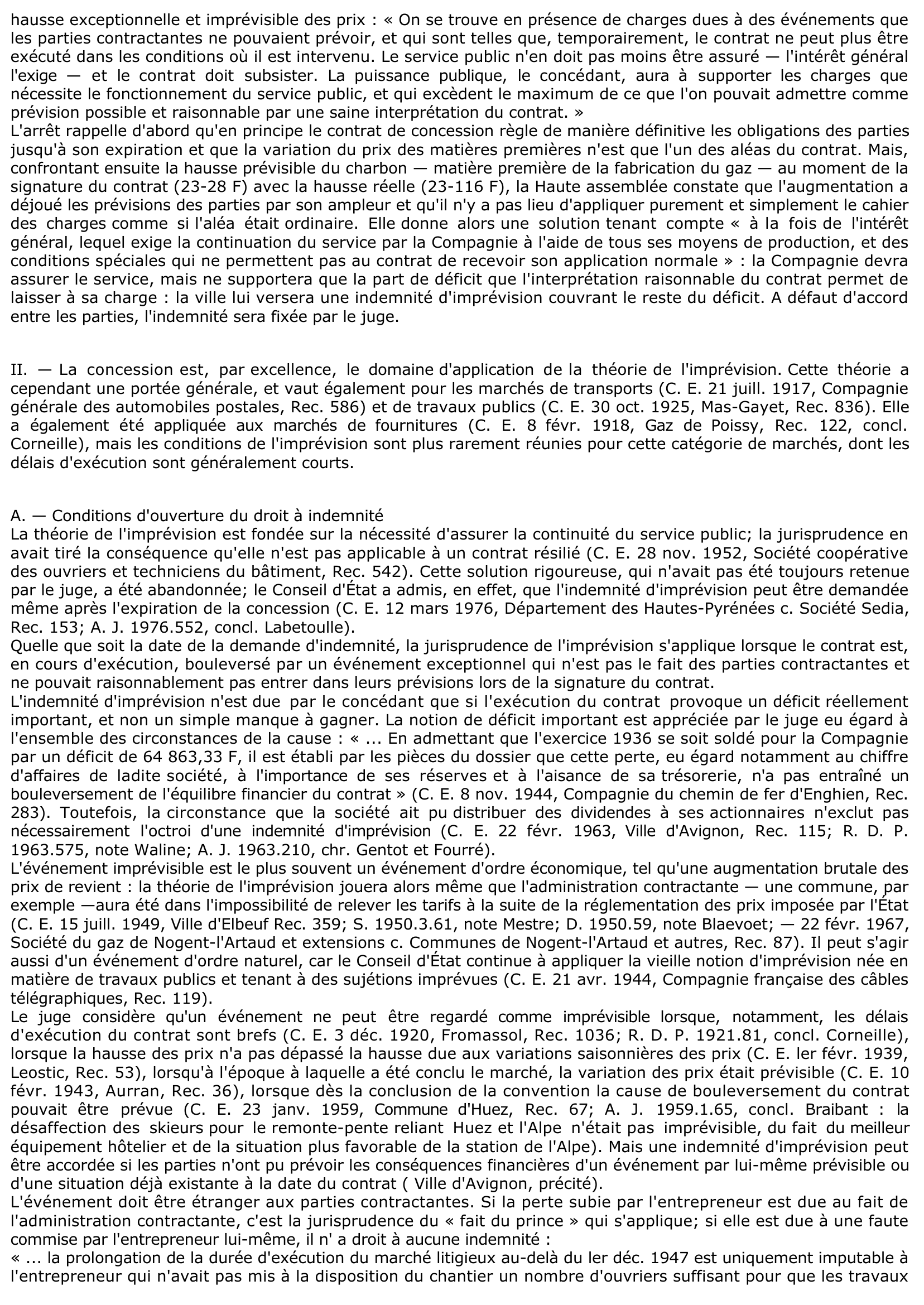Prévisualisation du document CONTRATS ADMINISTRATIFS IMPRÉVISION - C. E. 30 mars 1916, COMPAGNIE GÉNÉRALE D'ÉCLAIRAGE DE BORDEAUX, Rec. 125, concl. Chardenet (commentaire d'arrêt)