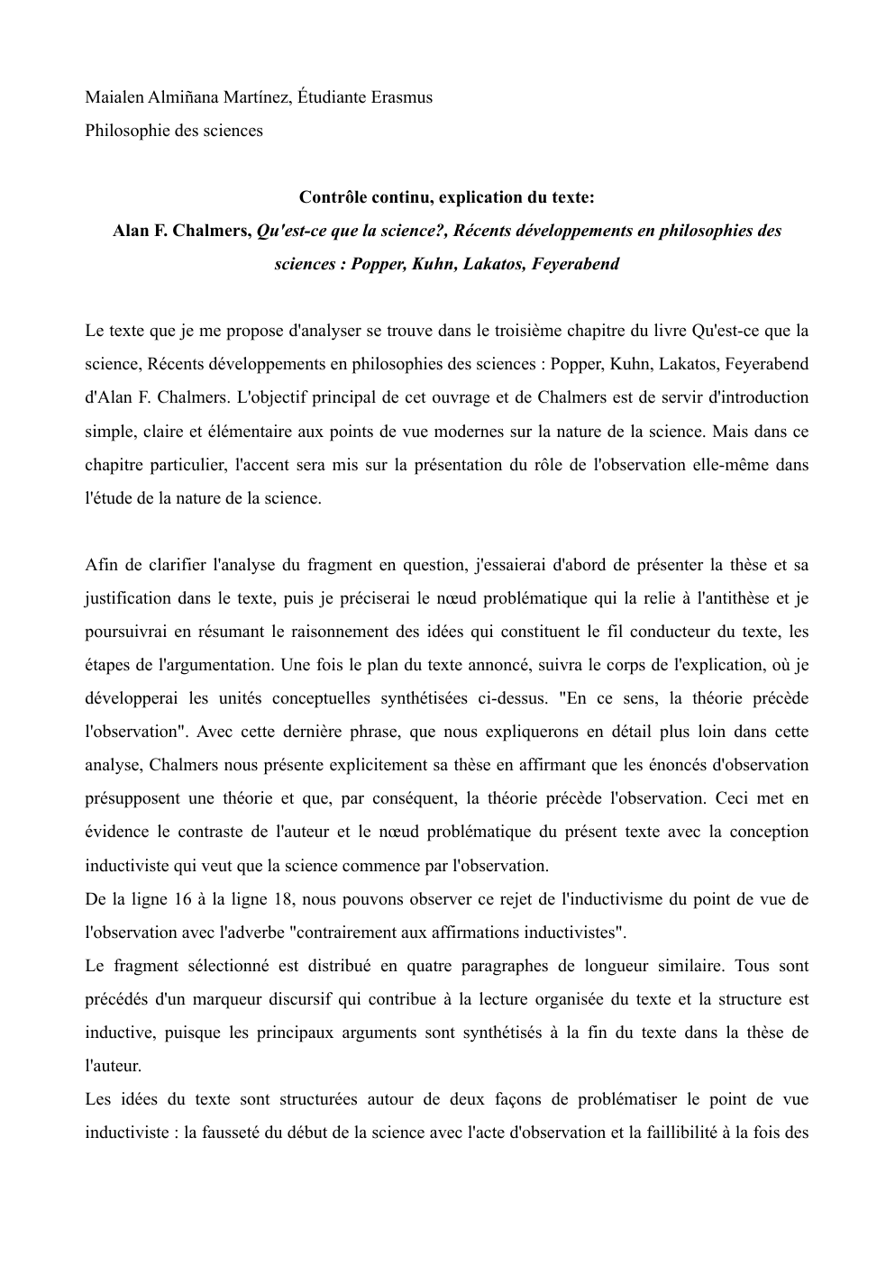 Prévisualisation du document Contrôle continu, explication du texte: Alan F. Chalmers, Qu'est-ce que la science?, Récents développements en philosophies des sciences : Popper, Kuhn, Lakatos, Feyerabend