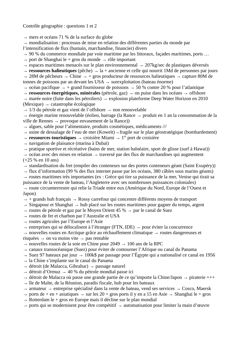 Prévisualisation du document Contrôle géographie : questions 1 et 2 terminales