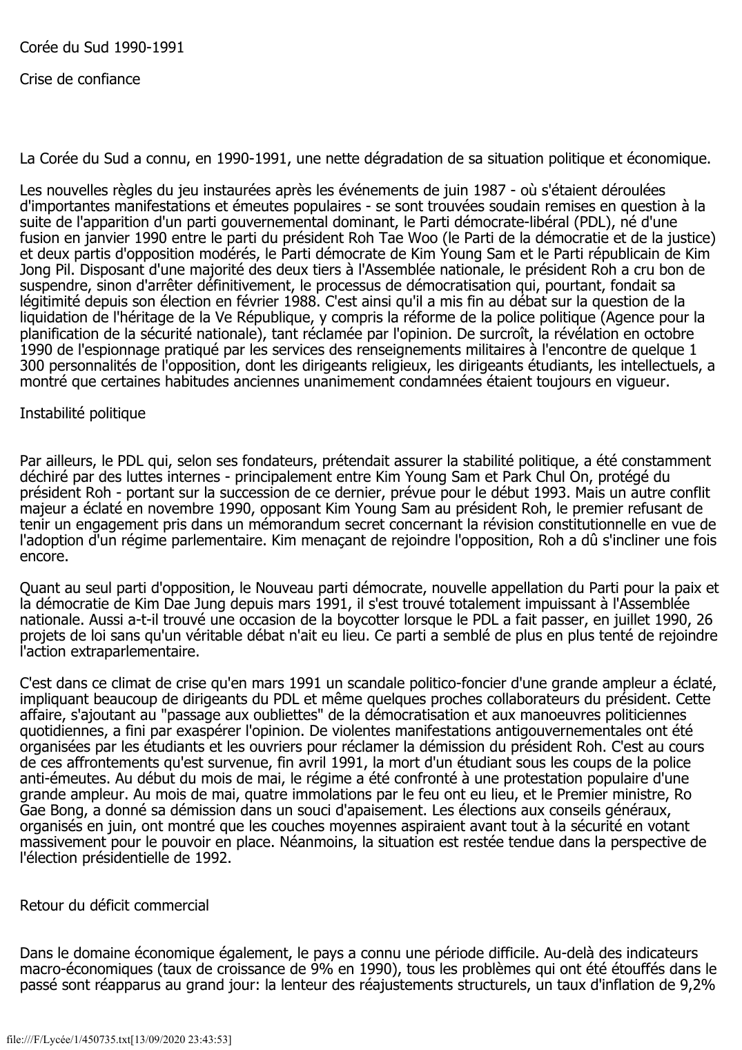 Prévisualisation du document Corée du Sud 1990-1991: Crise de confiance