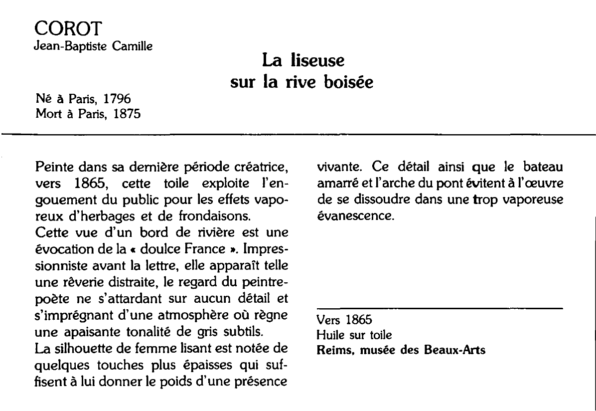 Prévisualisation du document COROT Jean-Baptiste Camille : La liseuse sur la rive boisée