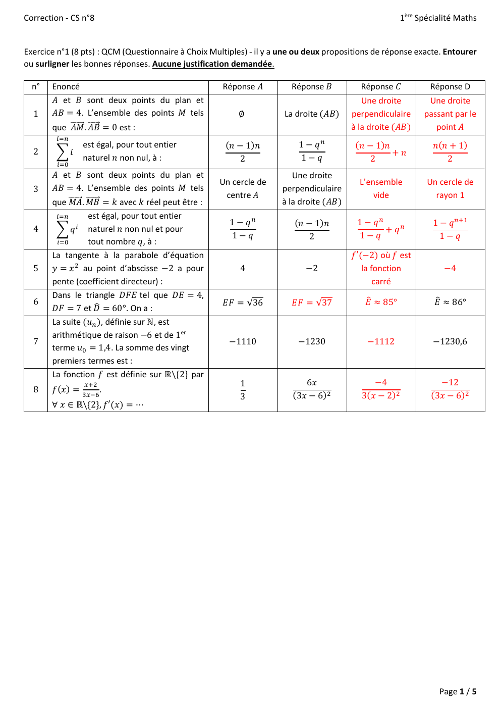 Prévisualisation du document Correction - CS n°8  1ère Spécialité Maths