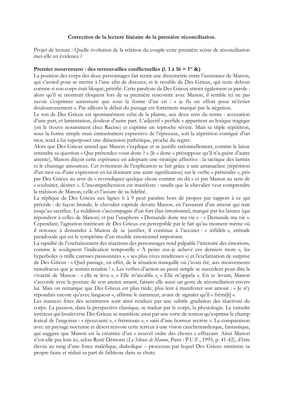 Prévisualisation du document Correction de la lecture linéaire de la première réconciliation. Projet de lecture : Quelle évolution de la relation du couple cette première scène de réconciliation met-elle en évidence ?