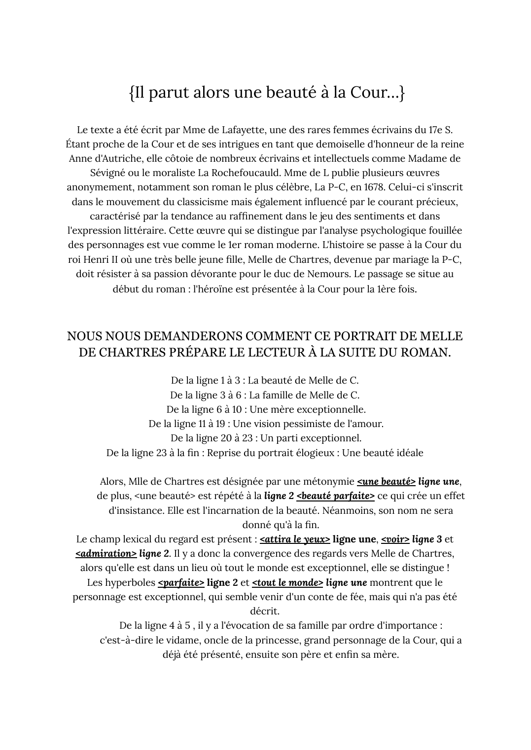 Prévisualisation du document Correction de l'étude linéaire de la Princesse de Clèves (Il parût alors une beauté à la Cour)