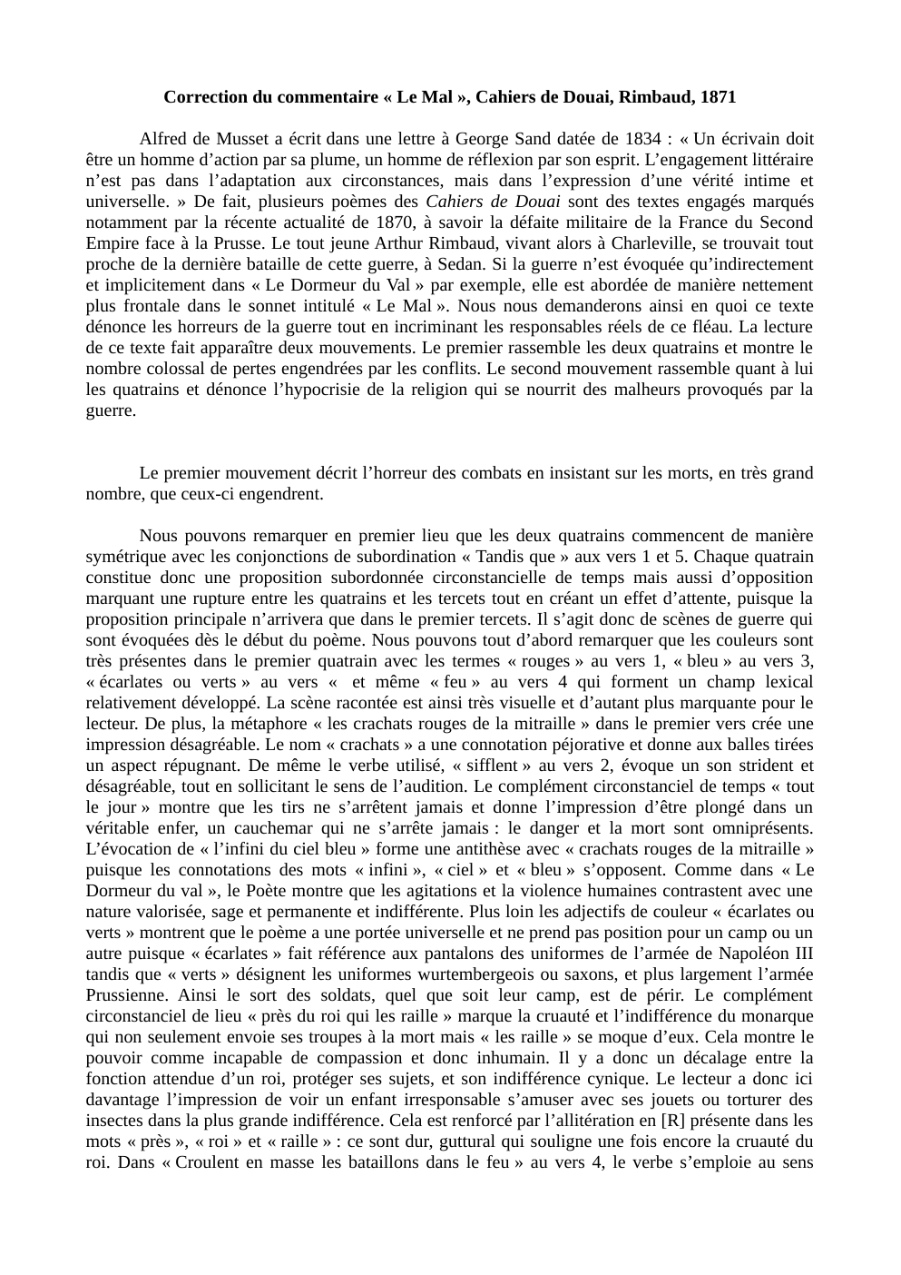 Prévisualisation du document Correction du commentaire « Le Mal », Cahiers de Douai, Rimbaud, 1871