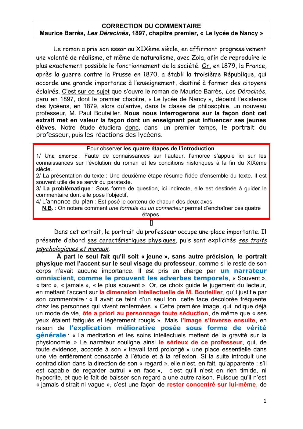 Prévisualisation du document CORRECTION DU COMMENTAIRE Maurice Barrès, Les Déracinés, 1897, chapitre premier, « Le lycée de Nancy »