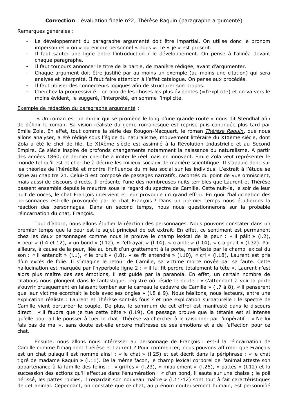 Prévisualisation du document Correction : évaluation finale n°2, Thérèse Raquin (paragraphe argumenté)