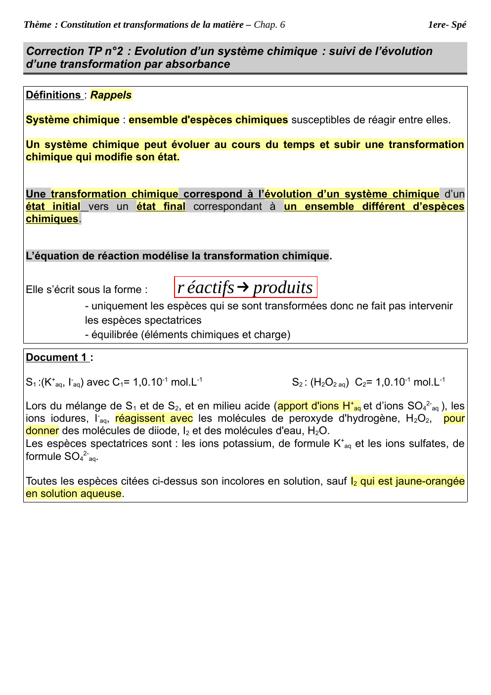 Prévisualisation du document Correction TP n°2 : Evolution d’un système chimique : suivi de l’évolution d’une transformation par absorbance