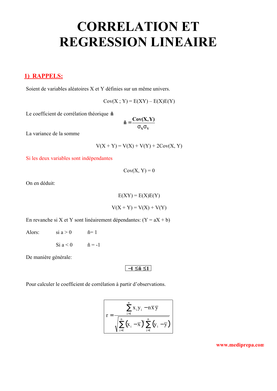 Prévisualisation du document CORRELATION ETREGRESSION LINEAIRE1) RAPPELS:Soient de variables aléatoires X et Y définies sur un même univers.