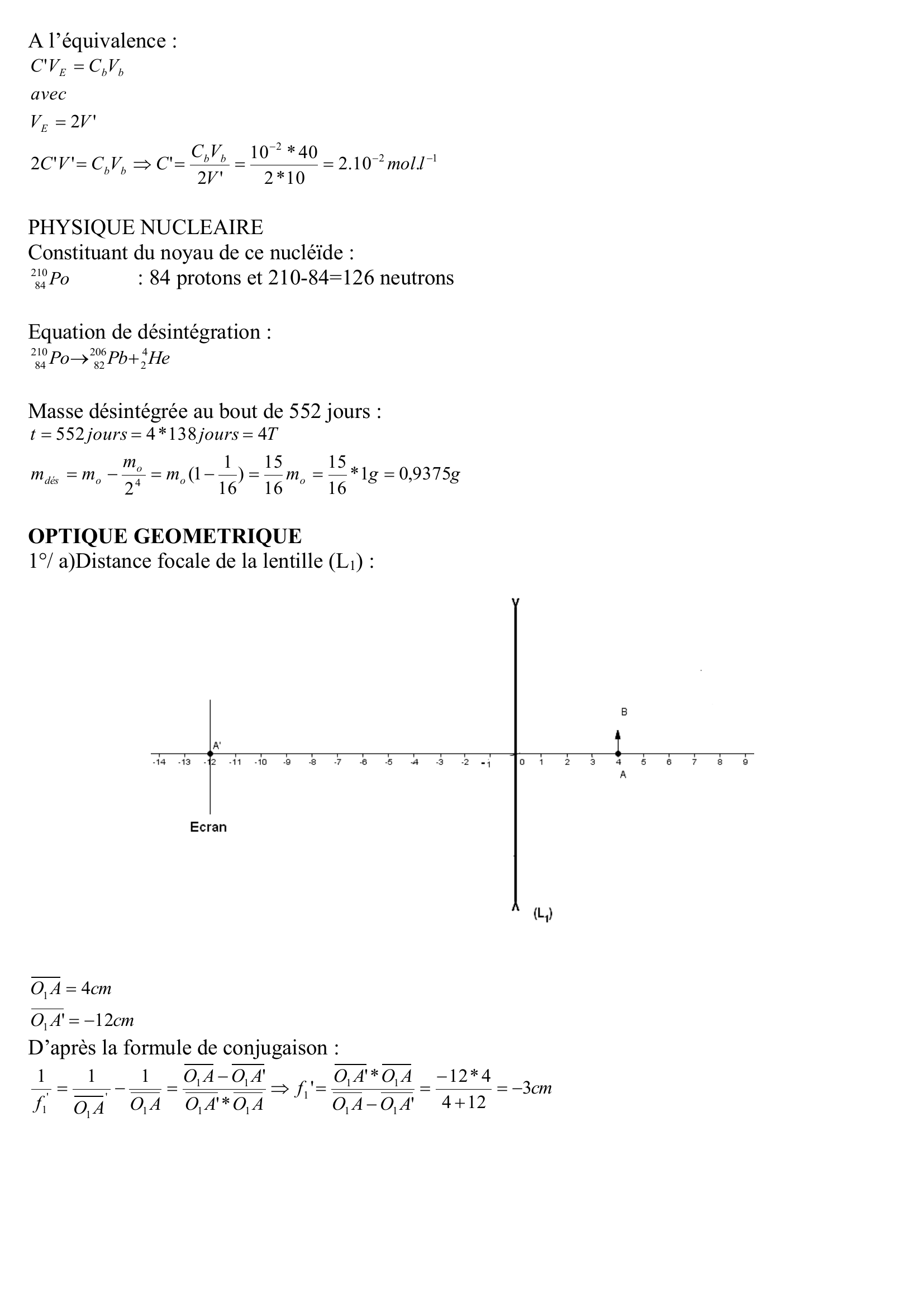 Prévisualisation du document Corrigé BAC série D 2013 
I CHIMIE ORGANIQUE : (3 points) 
Montrons que n= 4 
Equation-bilan : 
 
Cn H 2n O ?