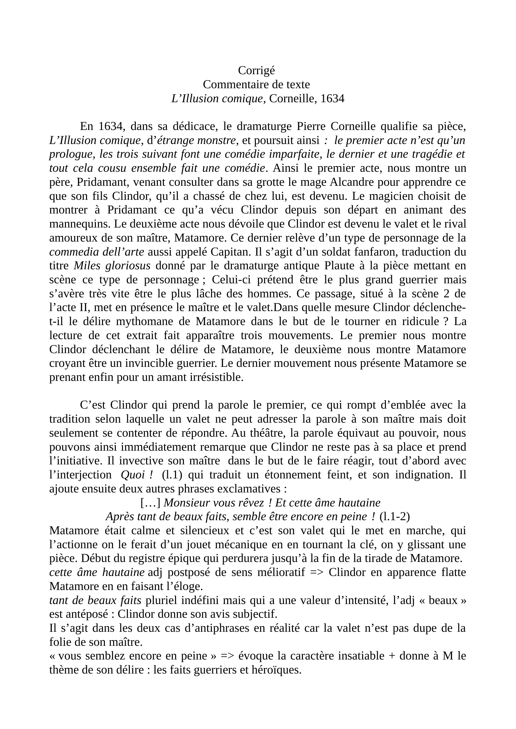 Prévisualisation du document Corrigé Commentaire de texte L’Illusion comique, Corneille, 1634