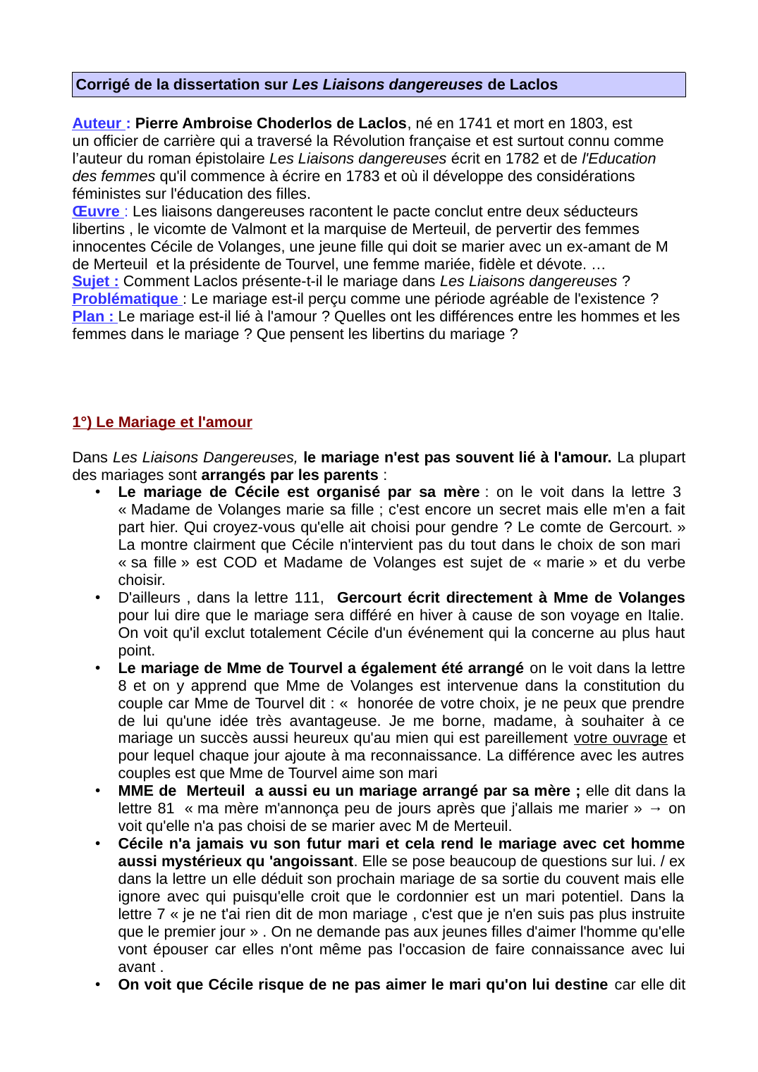 Prévisualisation du document Corrigé de la dissertation "le mariage dans Les liaisons dangereuses"