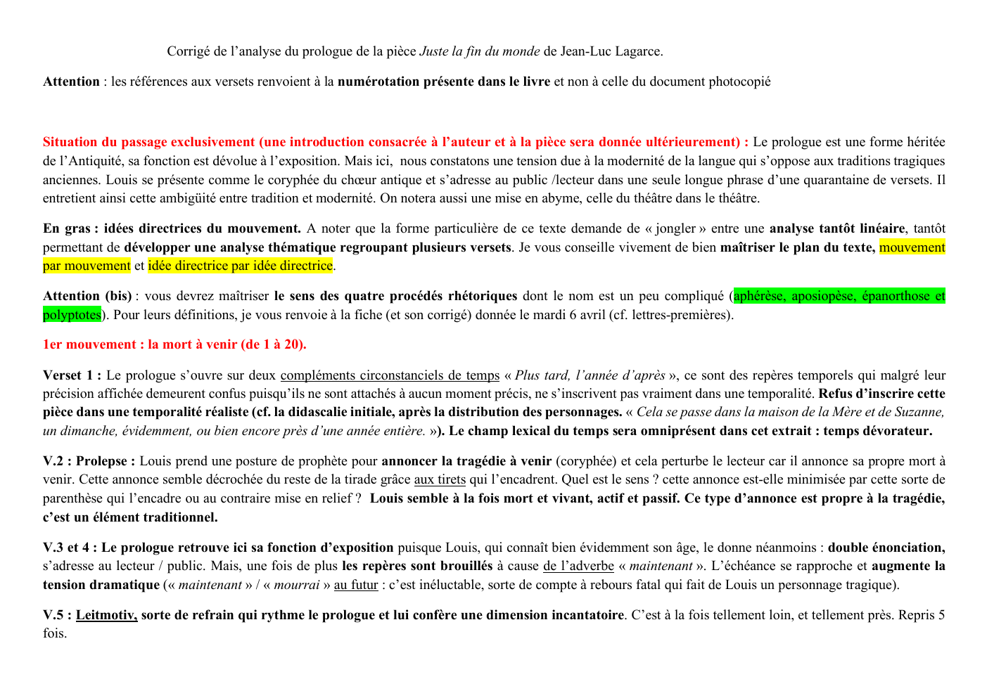 Prévisualisation du document Corrigé de l’analyse du prologue de la pièce Juste la fin du monde de Jean-Luc Lagarce.