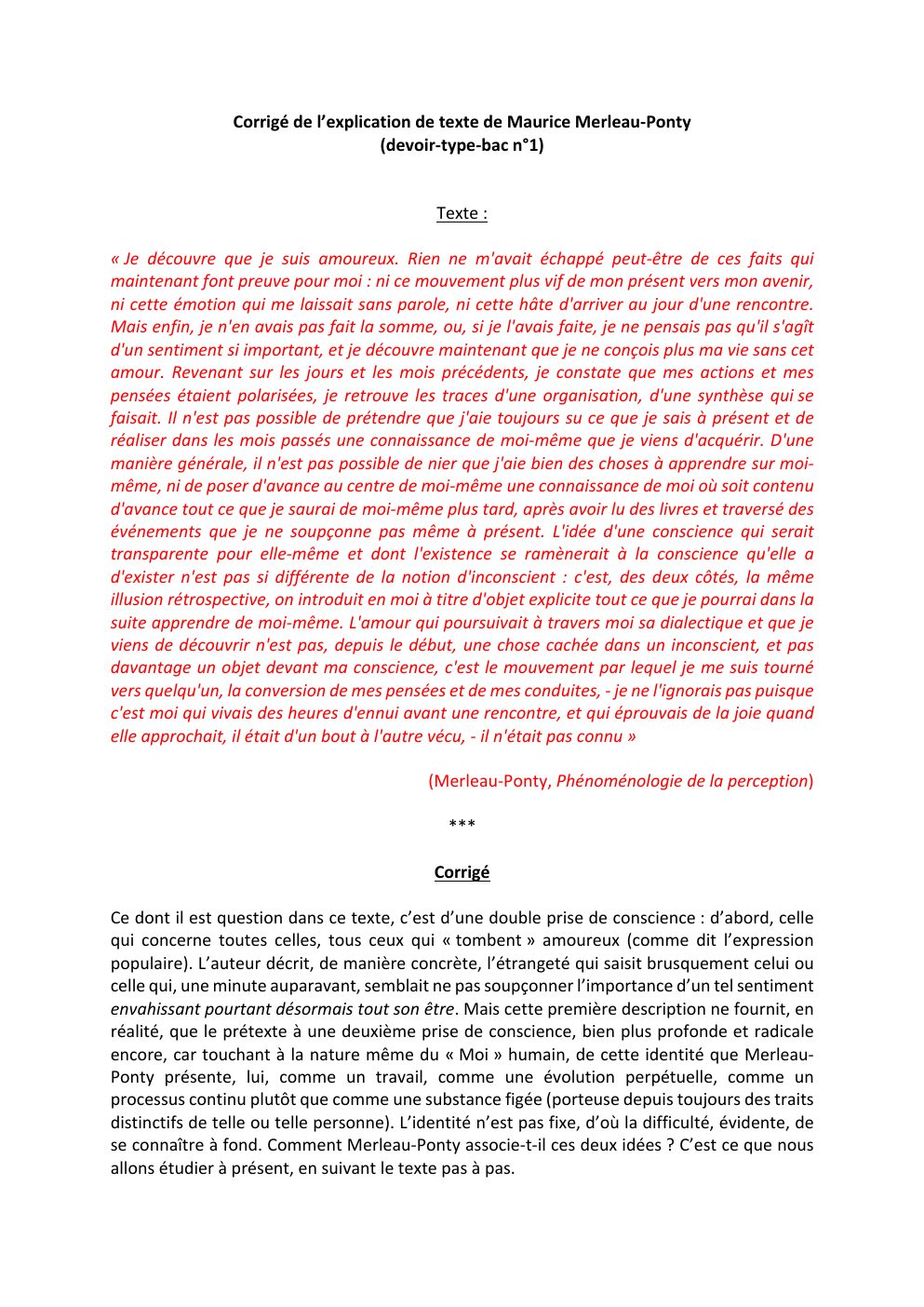 Prévisualisation du document Corrigé de l’explication de texte de Maurice Merleau-Ponty (devoir-type-bac n°1)