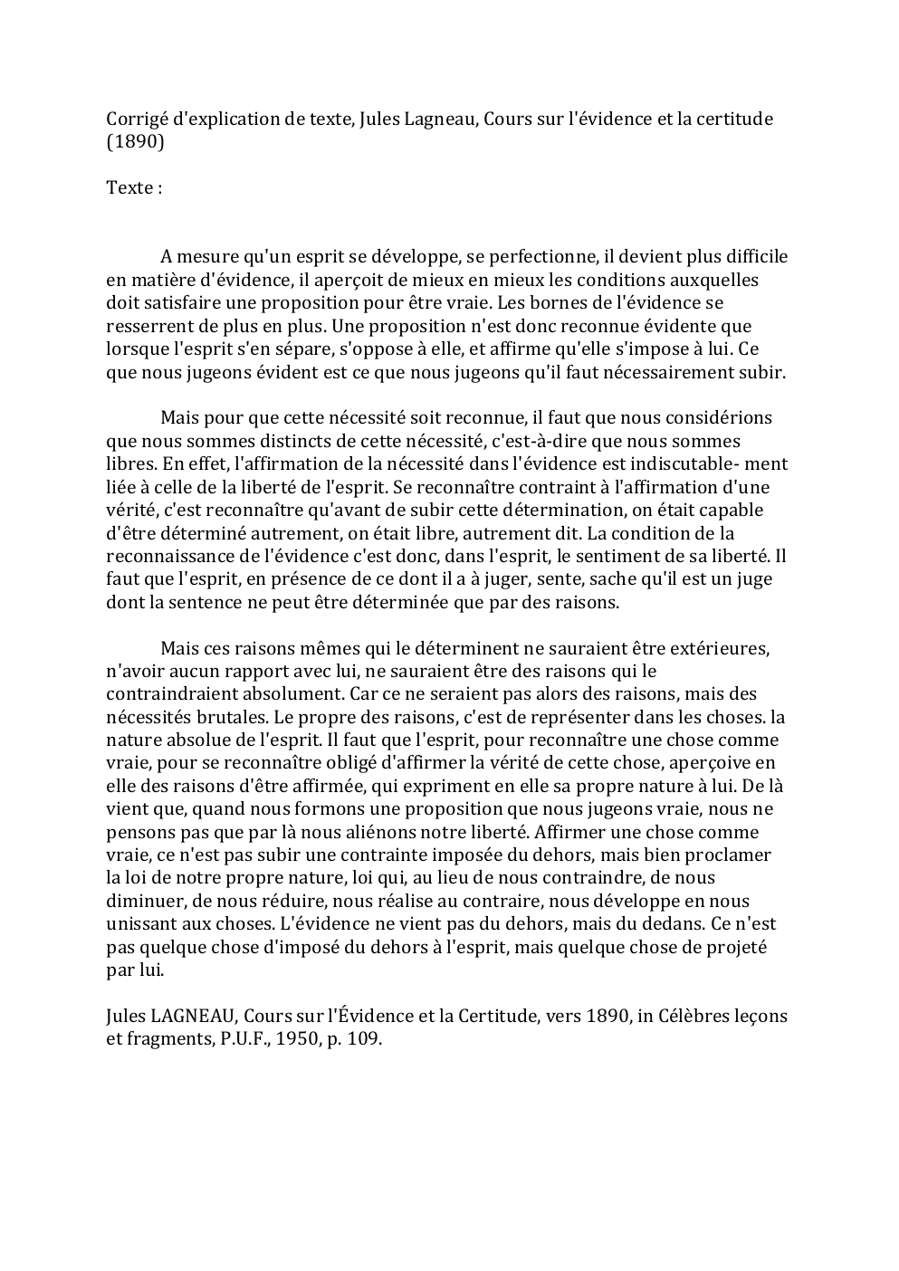 Prévisualisation du document Corrigé d'explication de texte, Jules Lagneau, Cours sur l'évidence et la certitude (1890)