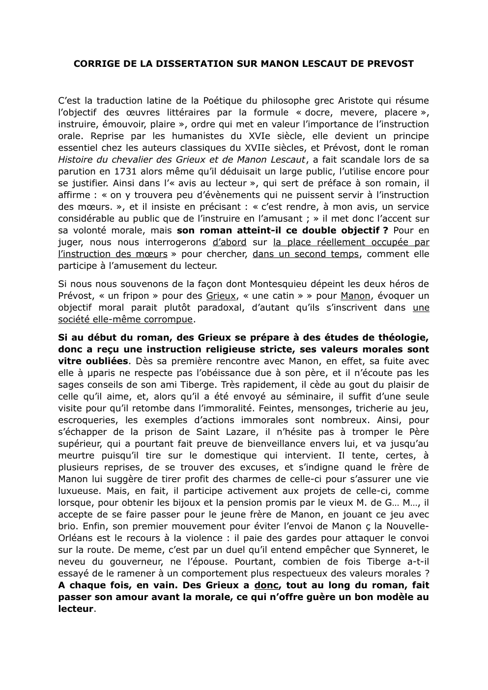 Prévisualisation du document Corrigé Dissertation Manon Lescaut Bac Français 1ère