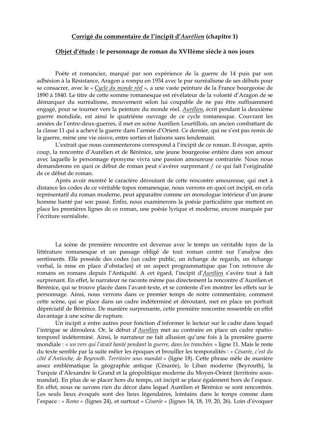 Prévisualisation du document Corrigé du commentaire de l’incipit d’Aurélien (chapitre 1)