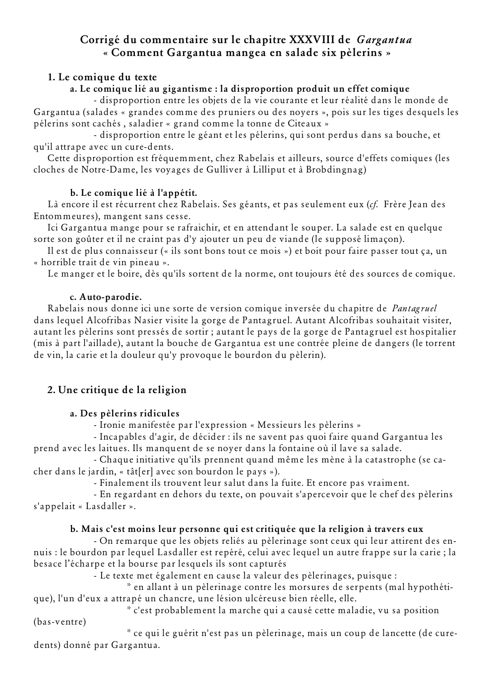 Prévisualisation du document Corrigé du commentaire sur le chapitre XXXVIII de Gargantua « Comment Gargantua mangea en salade six pèlerins »