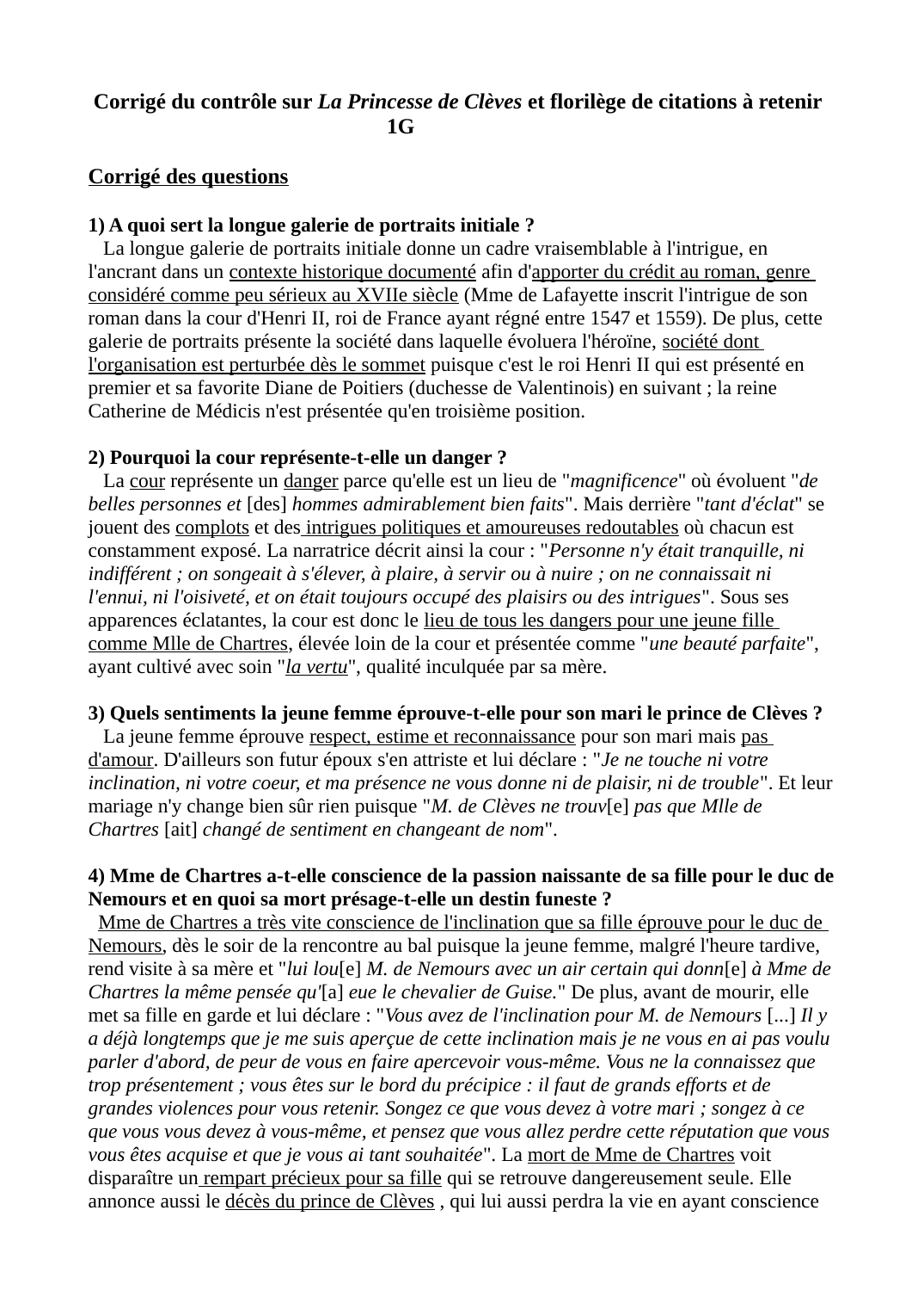 Prévisualisation du document Corrigé du contrôle sur La Princesse de Clèves et florilège de citations à retenir