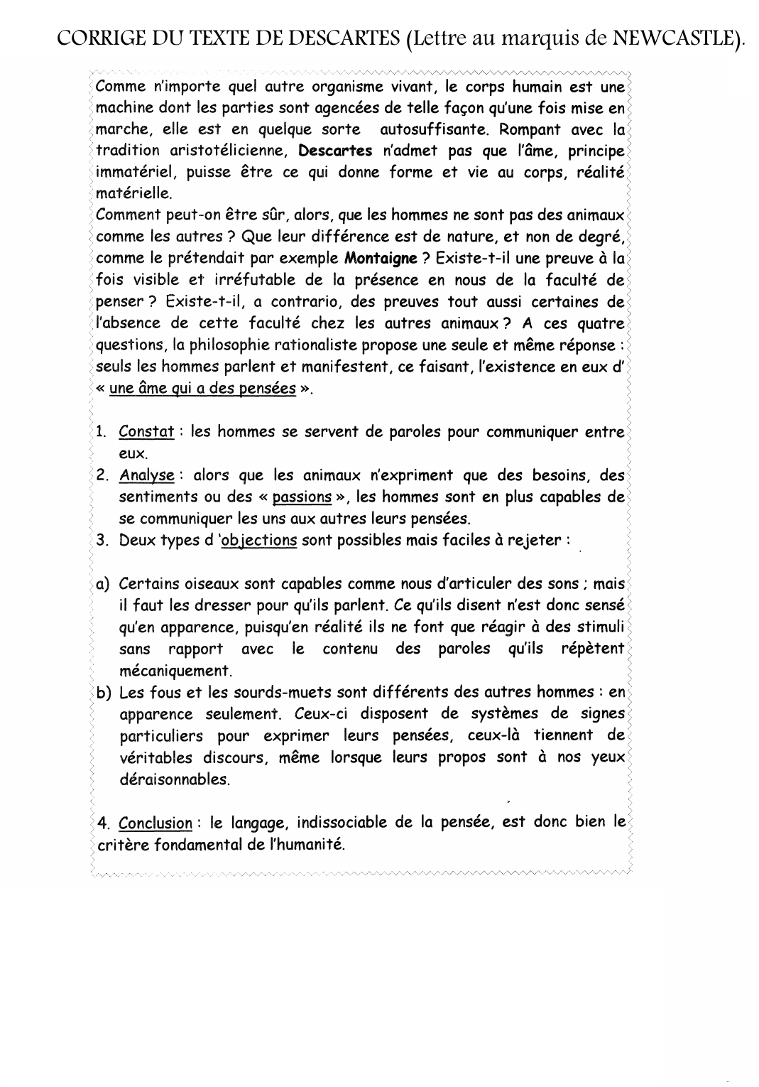 Prévisualisation du document CORRIGE DU TEXTE DE DESCARTES (Lettre au marquis de NEWCASTLE).