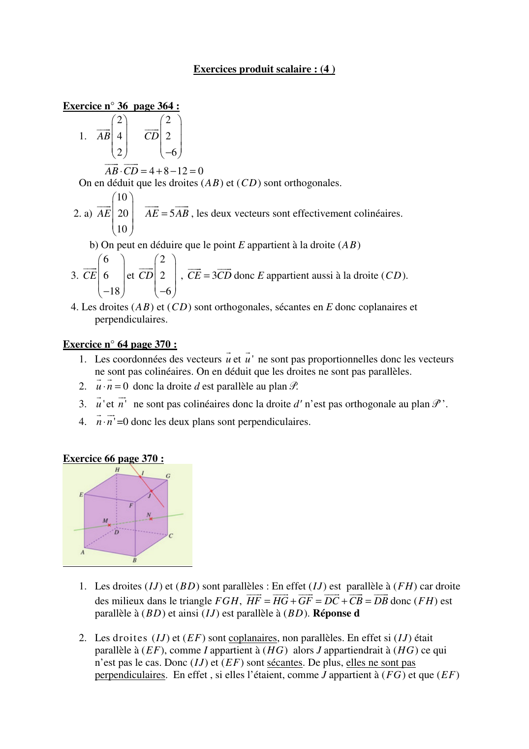 Prévisualisation du document Corrigé exercices produits scalaires Maths Terminale (manuel hachette)