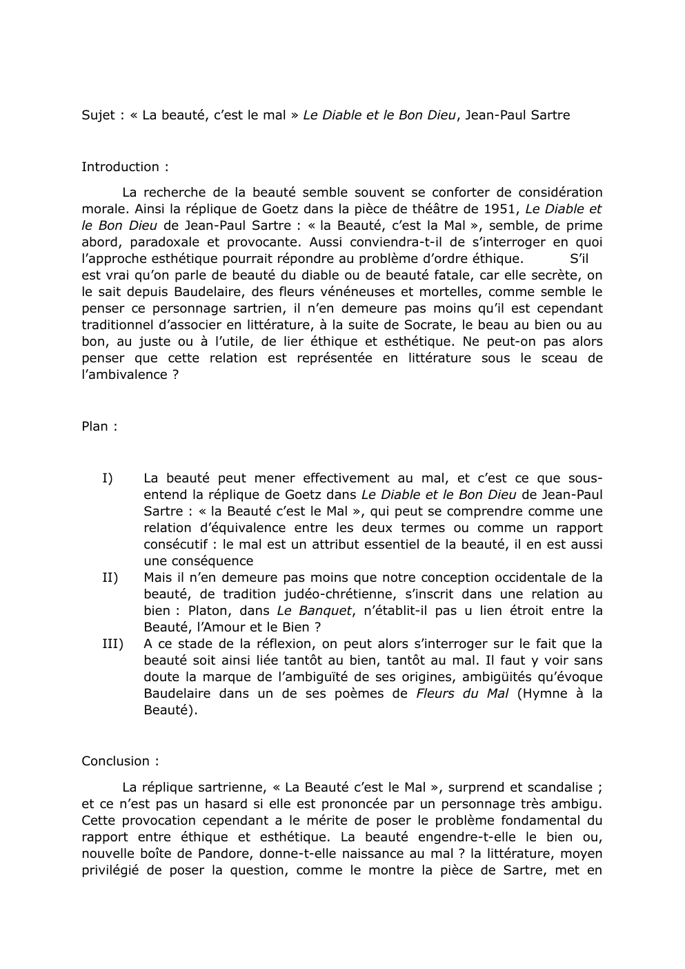 Prévisualisation du document Corrigé introduction sujet : "La Beauté, c'est le Mal", Le Diable et le Bon Dieu, Jean-Paul Sartre