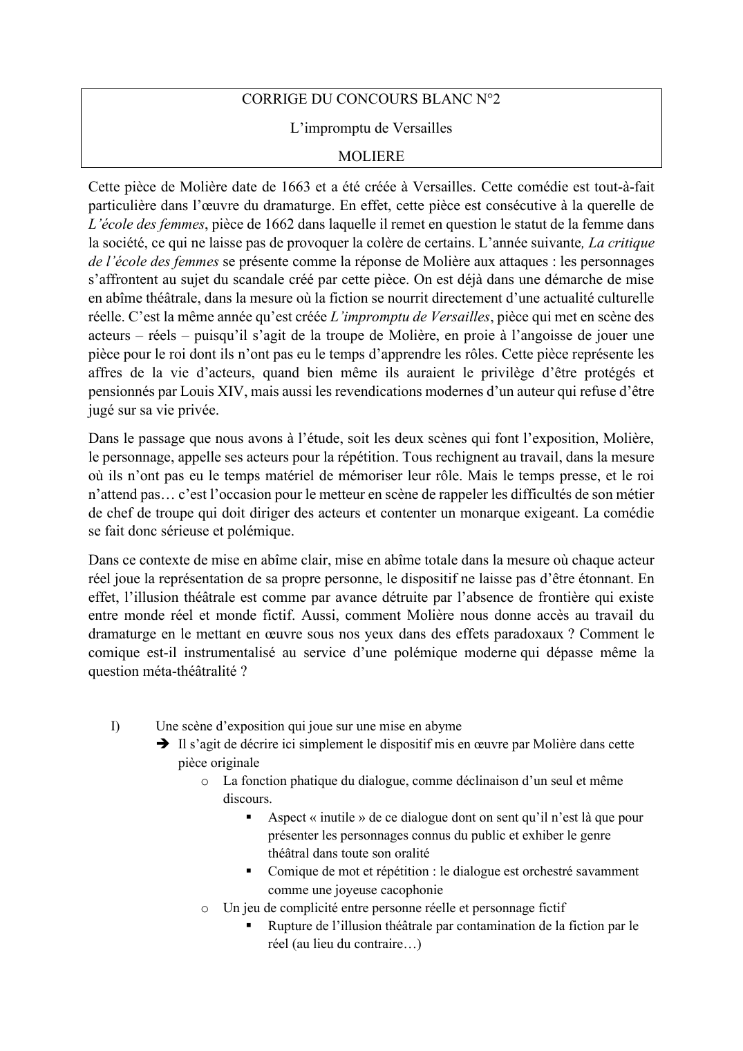 Prévisualisation du document CORRIGE: L’impromptu de Versailles MOLIERE (scène d'exposition)
