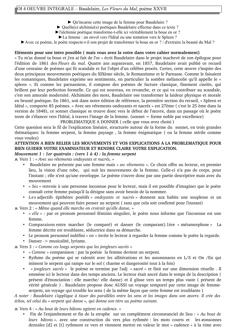 Prévisualisation du document corrigé linéaire OI 4 OEUVRE INTEGRALE – Baudelaire, Les Fleurs du Mal, poème XXVII