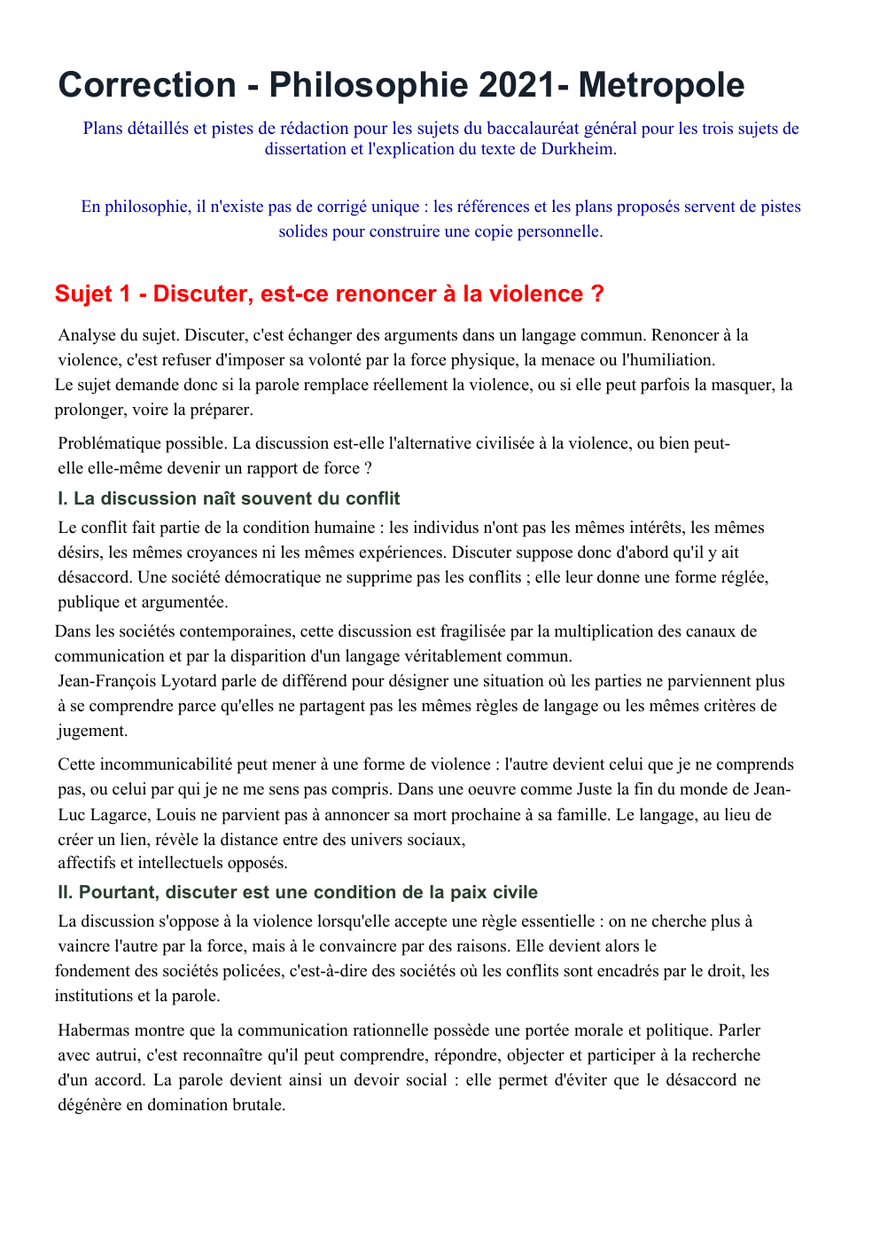 Prévisualisation du document Corrige-philo-metropole-2021: Sujet 1 - Discuter, est-ce renoncer à la violence ?