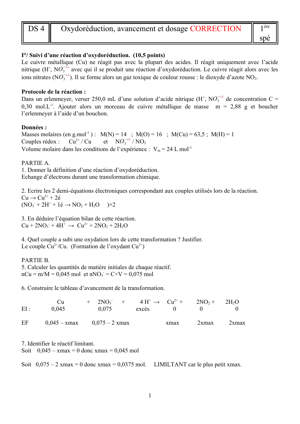 Prévisualisation du document Corrigé physique : Oxydoréduction, avancement et dosage CORRECTION