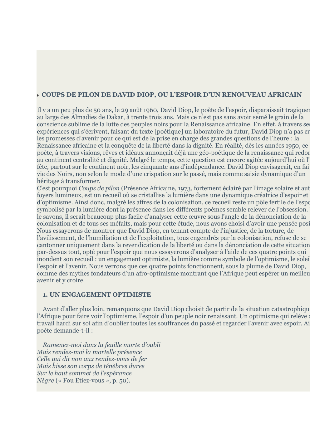 Prévisualisation du document COUPS DE PILON DE DAVID DIOP, OU L’ESPOIR D’UN RENOUVEAU AFRICAIN