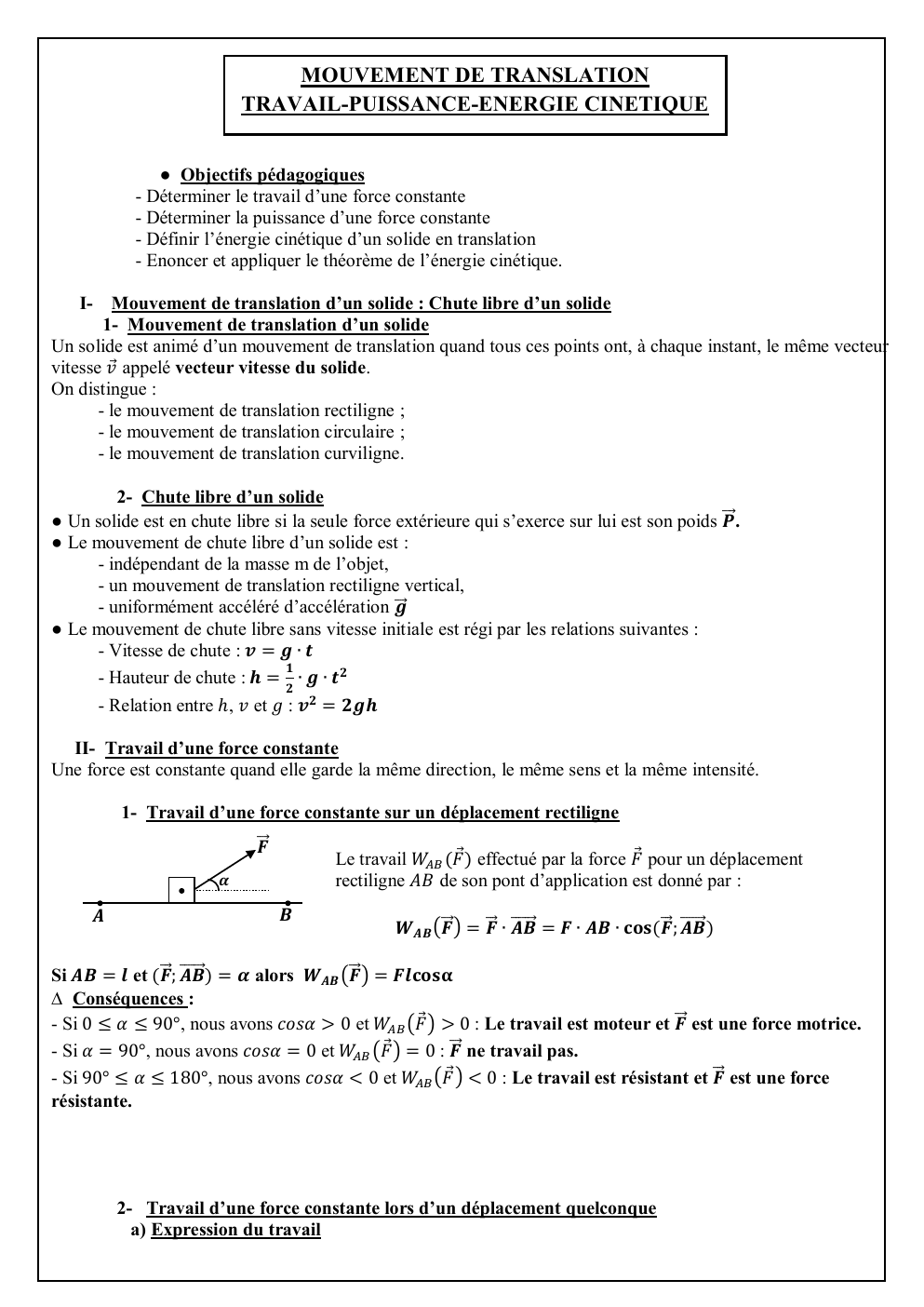 Prévisualisation du document Cours 1ère D: MOUVEMENT DE TRANSLATION TRAVAIL-PUISSANCE-ENERGIE CINETIQUE