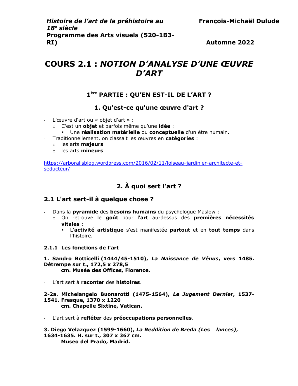 Prévisualisation du document COURS 2.1 : NOTION D’ANALYSE D’UNE ŒUVRE D’ART