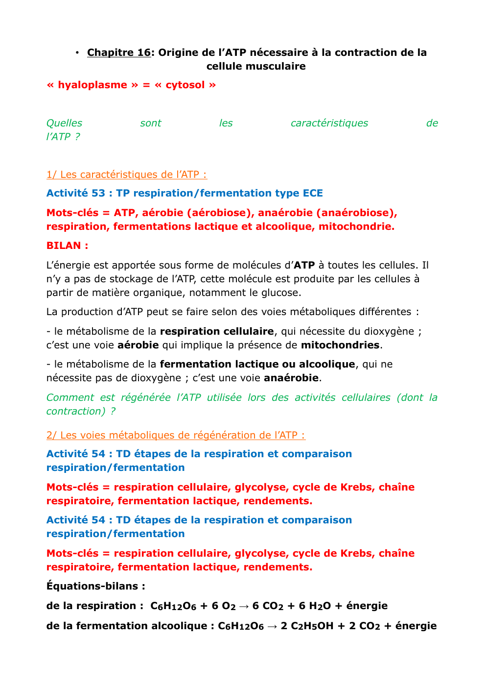 Prévisualisation du document cours ATP • Chapitre 16: Origine de l’ATP nécessaire à la contraction de la cellule musculaire