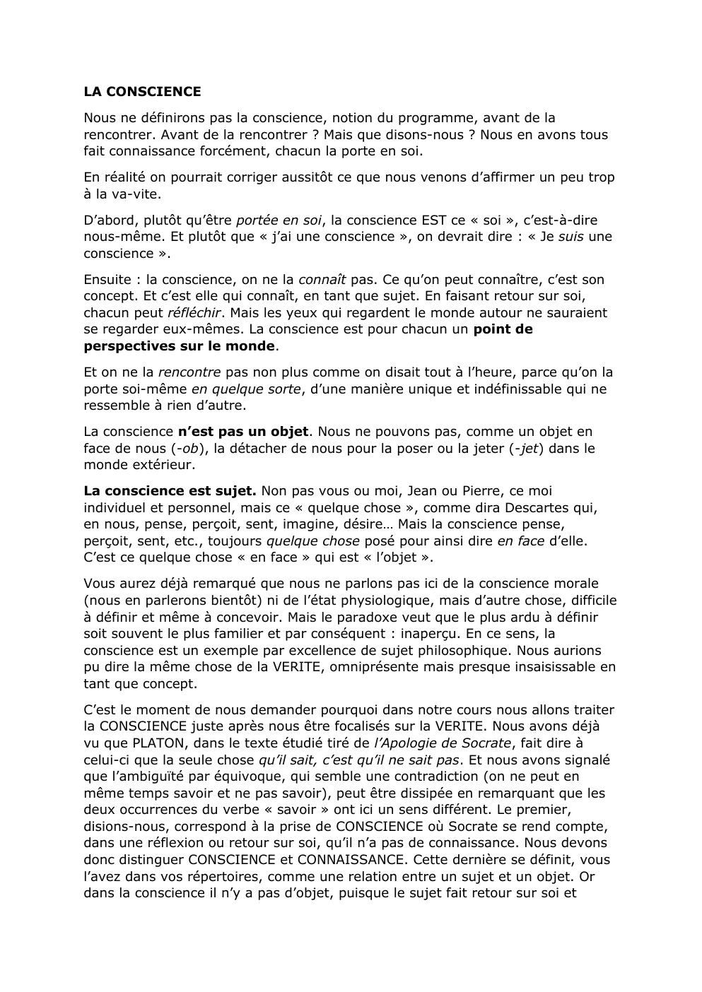 Prévisualisation du document Cours conscience