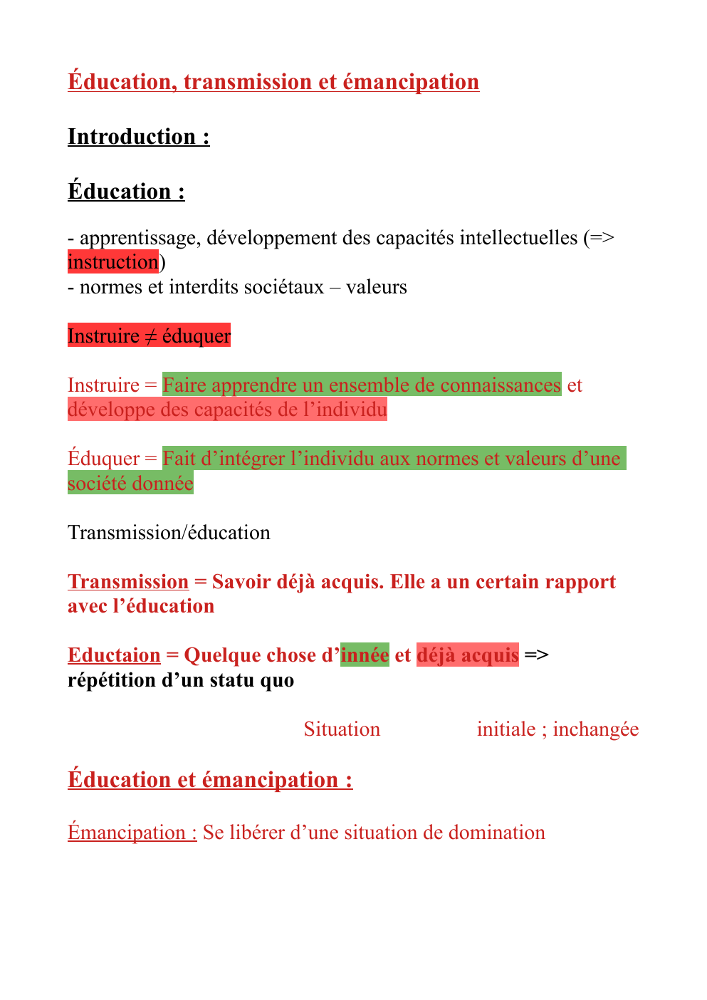 Prévisualisation du document cours de hlpl (philo): Éducation, transmission et émancipation
