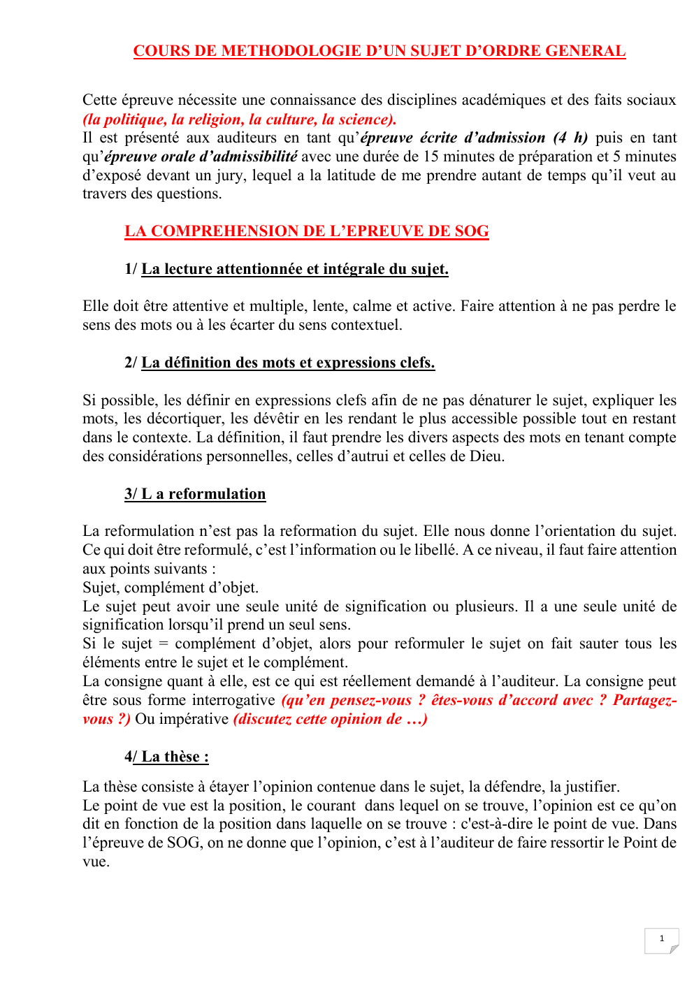 Prévisualisation du document COURS DE METHODOLOGIE D’UN SUJET D’ORDRE GENERAL