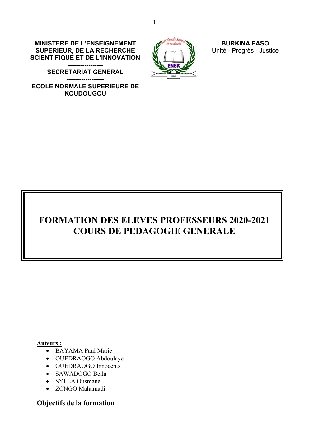 Prévisualisation du document COURS DE PEDAGOGIE GENERALE