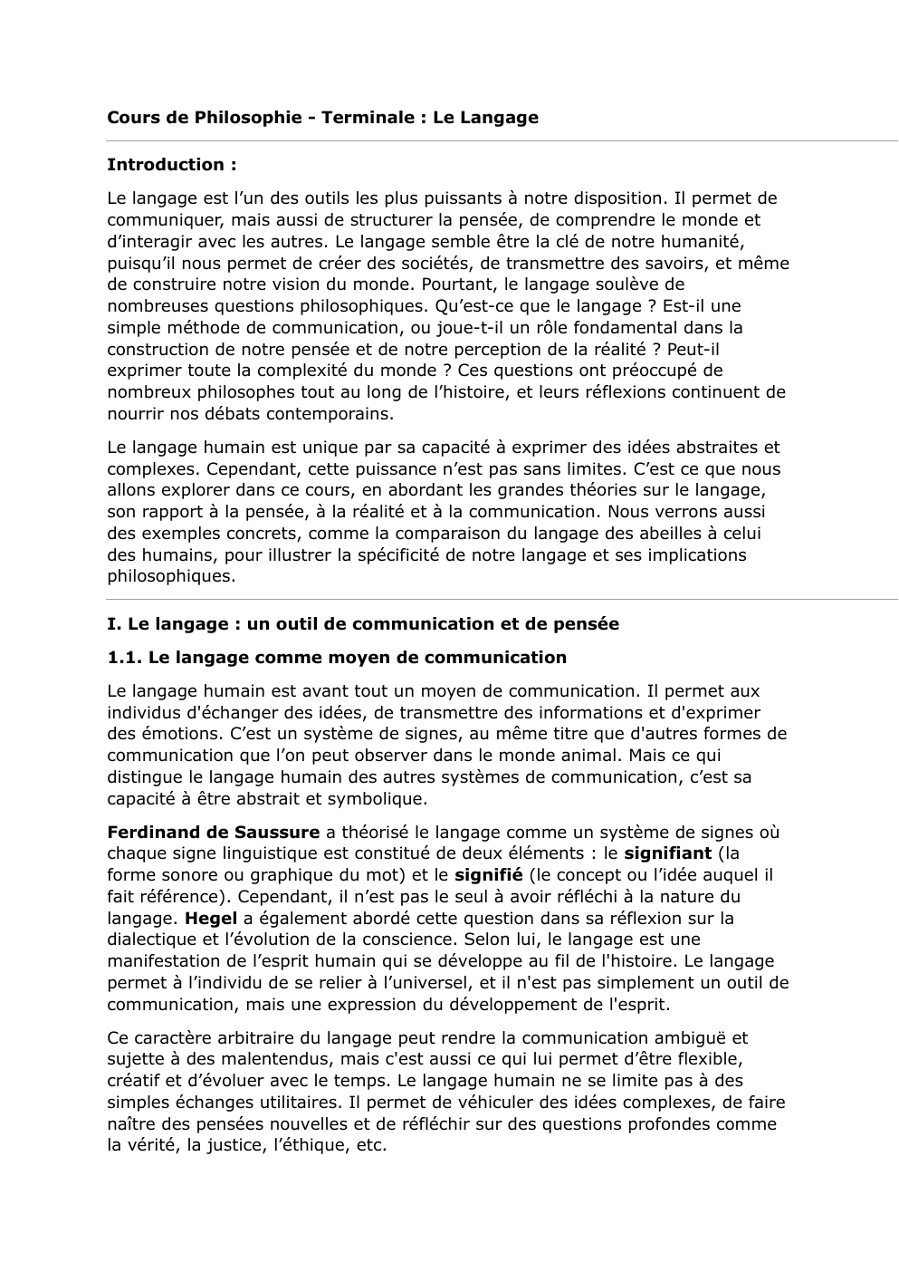Prévisualisation du document Cours de Philosophie - Terminale : Le Langage