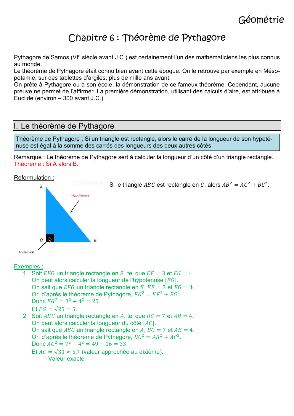 Prévisualisation du document Cours de Pythagore