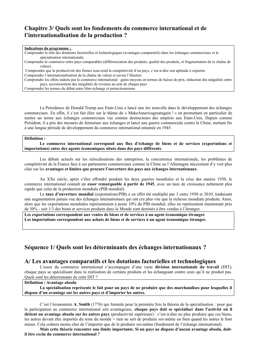 Prévisualisation du document Cours de SES: Chapitre 3/ Quels sont les fondements du commerce international et de l’internationalisation de la production ?